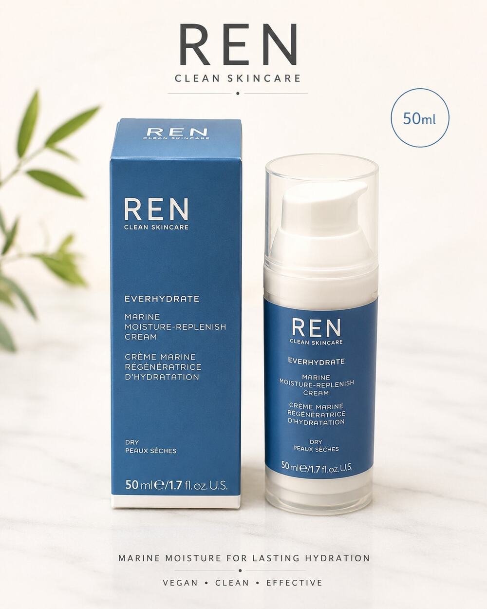 REN Clean Skincare Everhydrate Marine Moisture-Replenish Cream 50ml New